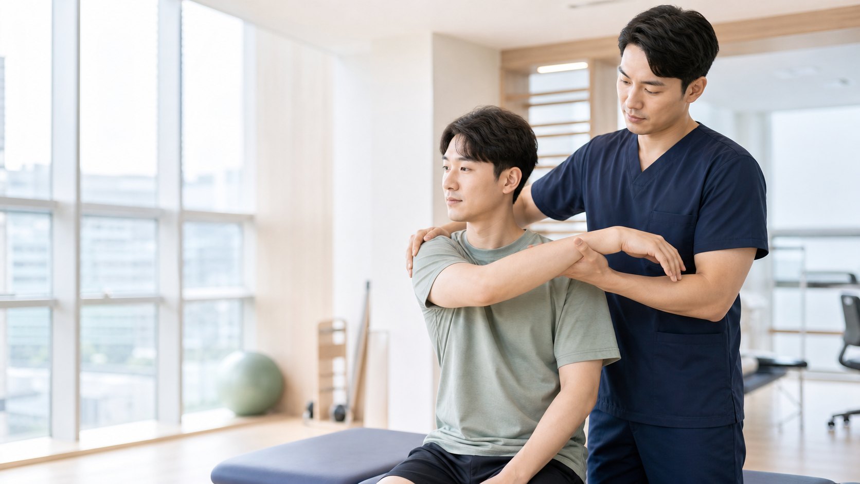 도수치료 비급여 상담을 받는 환자와 치료사